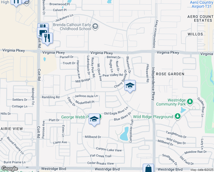 map of restaurants, bars, coffee shops, grocery stores, and more near 612 Cherry Spring Drive in McKinney