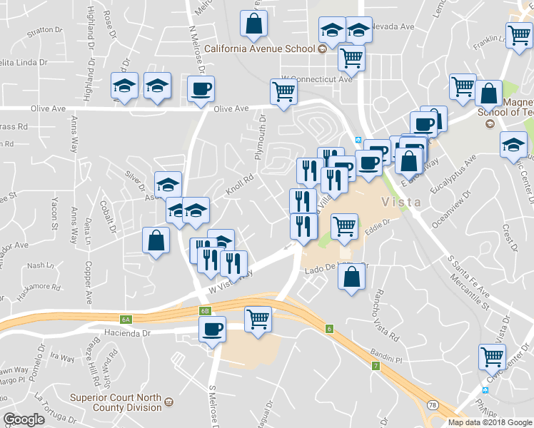 map of restaurants, bars, coffee shops, grocery stores, and more near 163 Walker Way in Vista