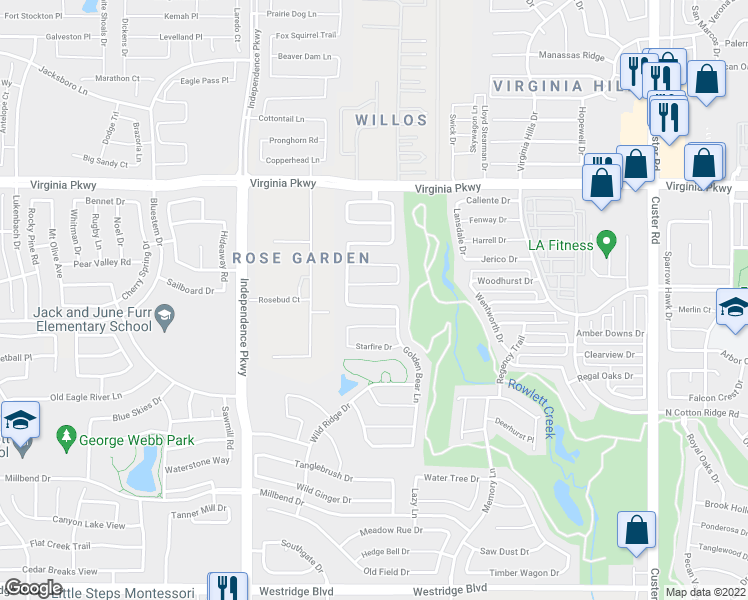 map of restaurants, bars, coffee shops, grocery stores, and more near 9624 Sleepy Hollow Drive in McKinney