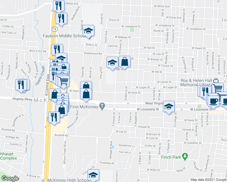 map of restaurants, bars, coffee shops, grocery stores, and more near 1602 West Hunt Street in McKinney
