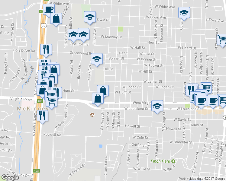 map of restaurants, bars, coffee shops, grocery stores, and more near 1302 West Hunt Street in McKinney