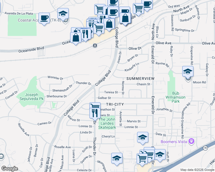 map of restaurants, bars, coffee shops, grocery stores, and more near 201 Sea Cliff Way in Oceanside