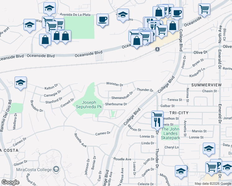 map of restaurants, bars, coffee shops, grocery stores, and more near 3931 Bedford Avenue in Oceanside