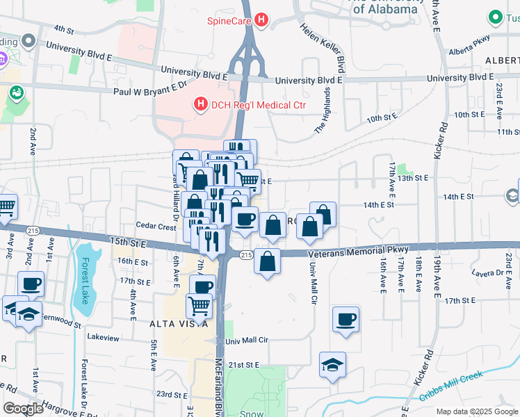 map of restaurants, bars, coffee shops, grocery stores, and more near 1364 10th Avenue East in Tuscaloosa