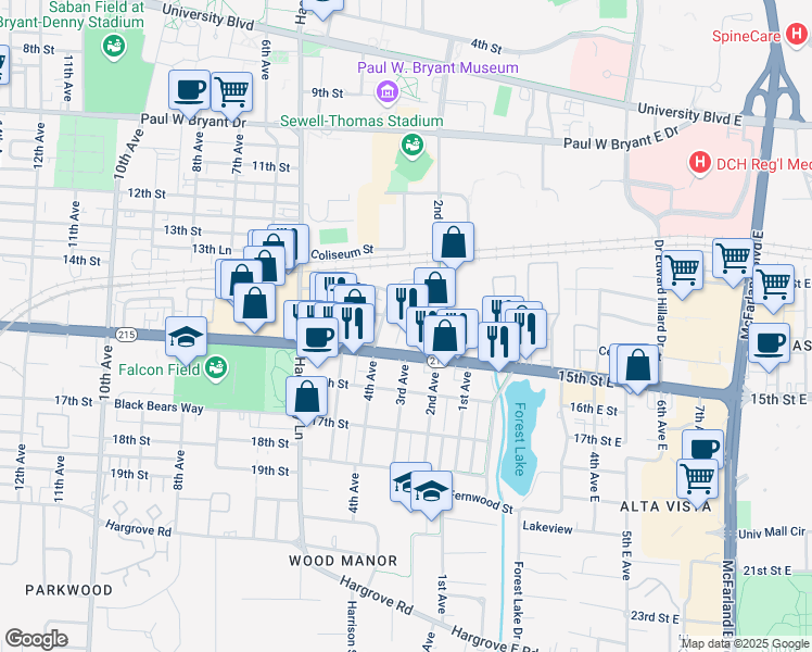 map of restaurants, bars, coffee shops, grocery stores, and more near 318 Wesley Place in Tuscaloosa