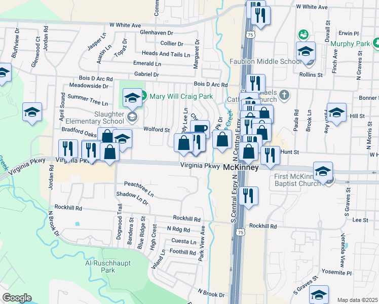 map of restaurants, bars, coffee shops, grocery stores, and more near 108 Westpark Drive South in McKinney