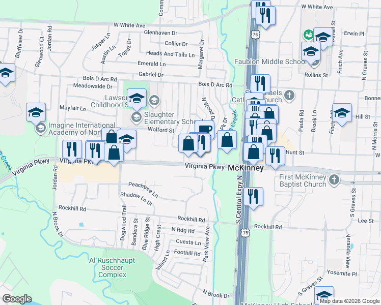 map of restaurants, bars, coffee shops, grocery stores, and more near 108 Westpark Drive South in McKinney
