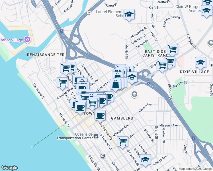 map of restaurants, bars, coffee shops, grocery stores, and more near 324 North Clementine Street in Oceanside