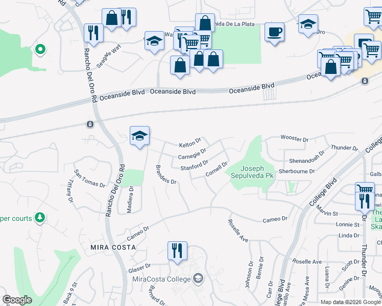 map of restaurants, bars, coffee shops, grocery stores, and more near 3802 Carnegie Drive in Oceanside