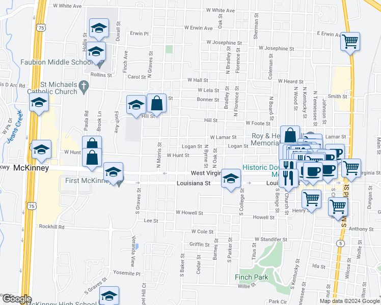 map of restaurants, bars, coffee shops, grocery stores, and more near 1006 West Hunt Street in McKinney