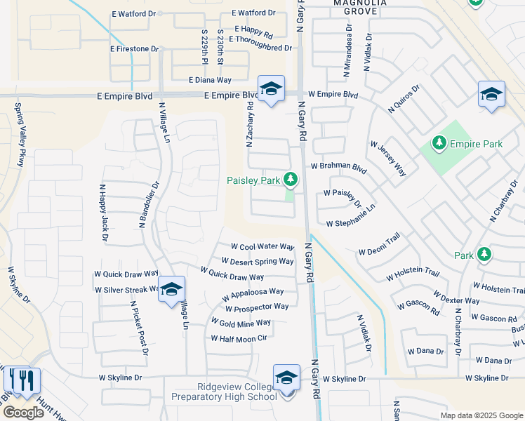 map of restaurants, bars, coffee shops, grocery stores, and more near 1756 West Stephanie Lane in San Tan Valley