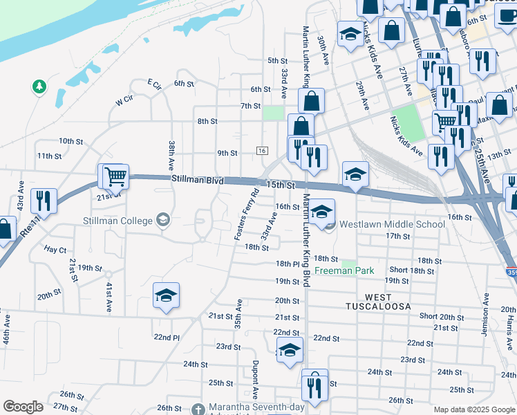 map of restaurants, bars, coffee shops, grocery stores, and more near 3317 16th Street in Tuscaloosa