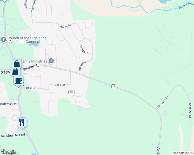 map of restaurants, bars, coffee shops, grocery stores, and more near 795 Smokey Road in Alabaster