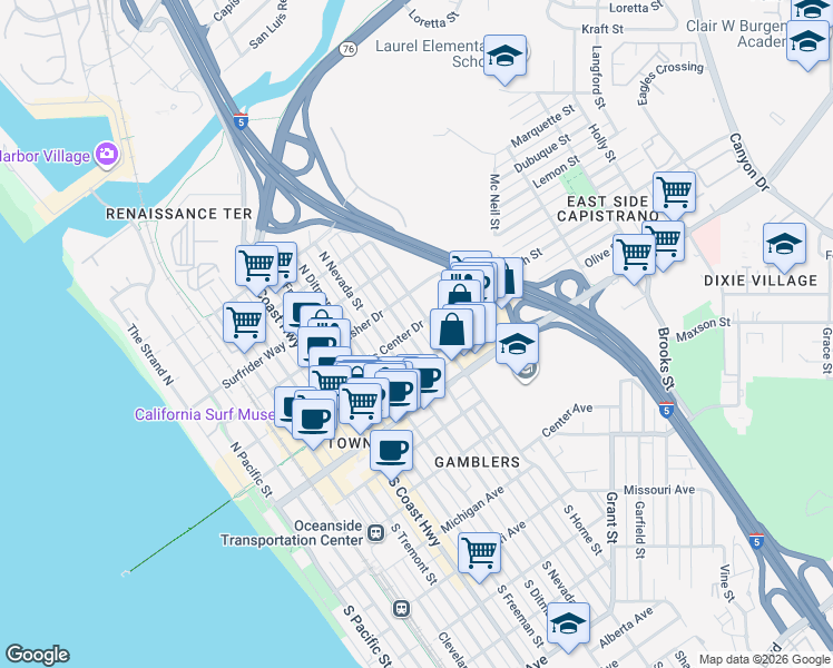 map of restaurants, bars, coffee shops, grocery stores, and more near 324 North Clementine Street in Oceanside