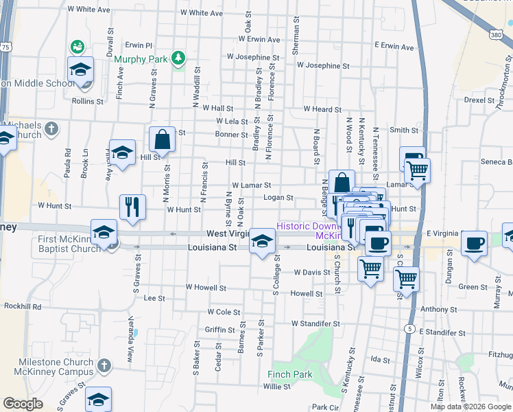 map of restaurants, bars, coffee shops, grocery stores, and more near 618 West Hunt Street in McKinney
