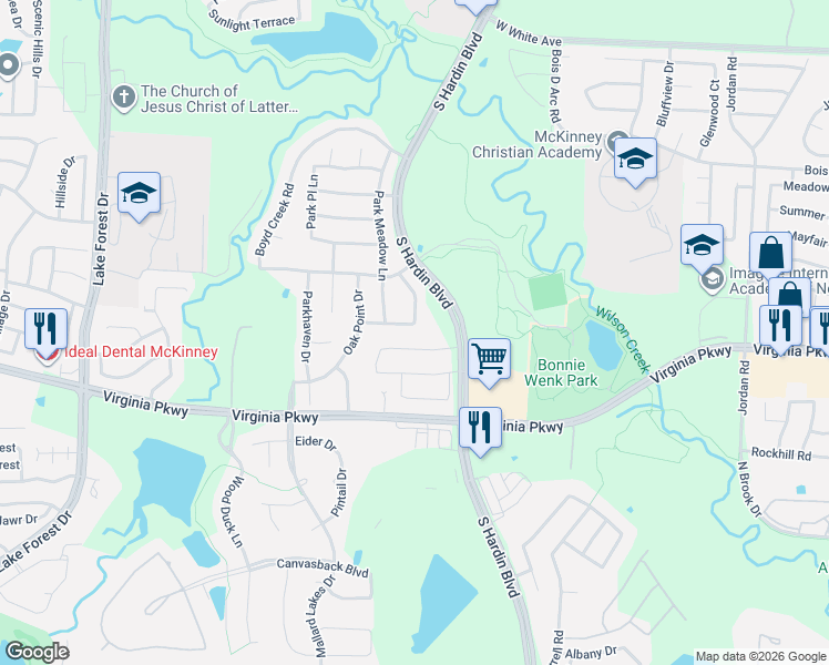 map of restaurants, bars, coffee shops, grocery stores, and more near 3081 Lakehill Lane in McKinney