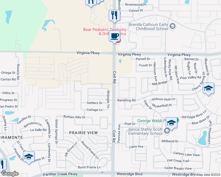 map of restaurants, bars, coffee shops, grocery stores, and more near 14690 Midnight Trail in Frisco