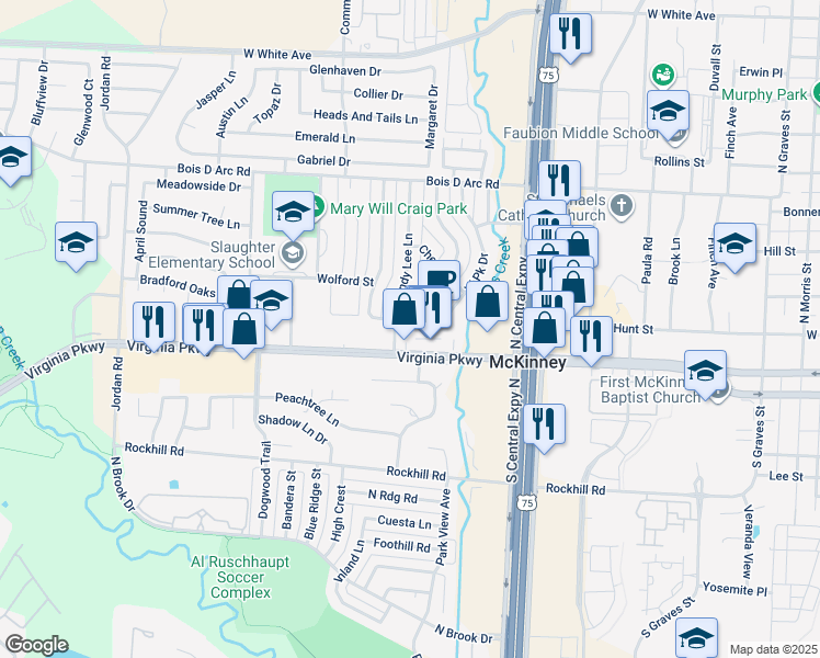map of restaurants, bars, coffee shops, grocery stores, and more near 108 Westpark Drive South in McKinney