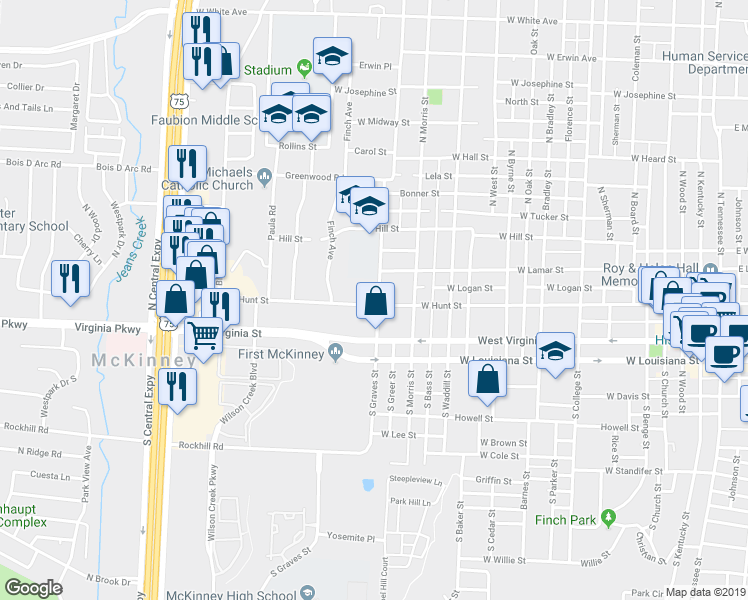 map of restaurants, bars, coffee shops, grocery stores, and more near 1604 West Hunt Street in McKinney