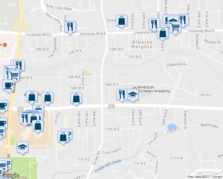 map of restaurants, bars, coffee shops, grocery stores, and more near 1407 20th Avenue East in Tuscaloosa