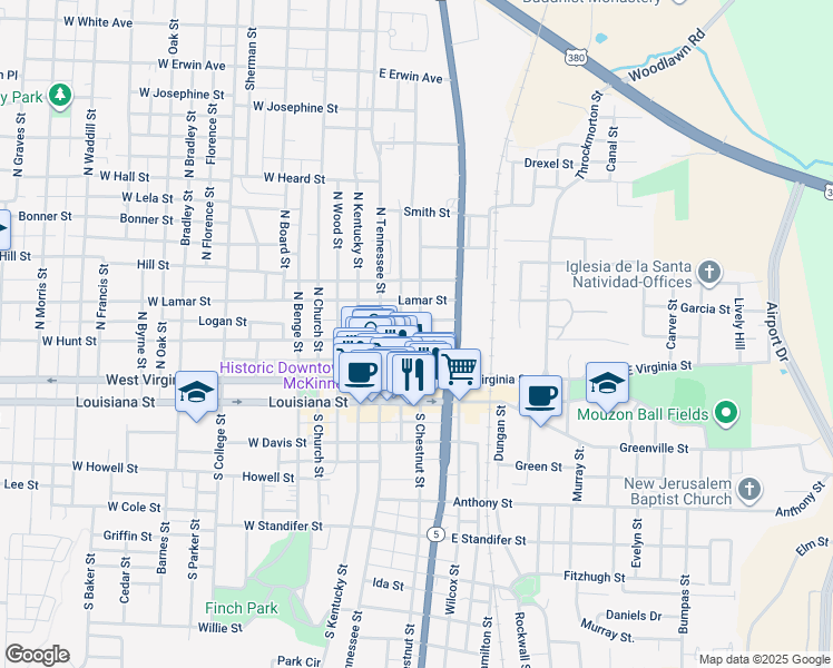 map of restaurants, bars, coffee shops, grocery stores, and more near 301 North Chestnut Street in McKinney