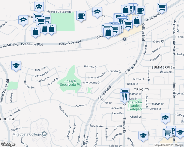map of restaurants, bars, coffee shops, grocery stores, and more near 3931 Bedford Avenue in Oceanside