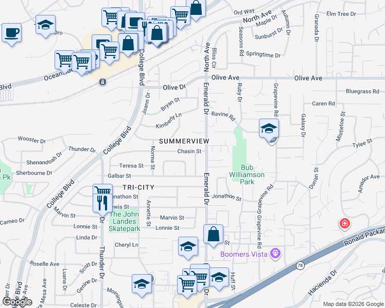 map of restaurants, bars, coffee shops, grocery stores, and more near 2701 Harriet Street in Oceanside
