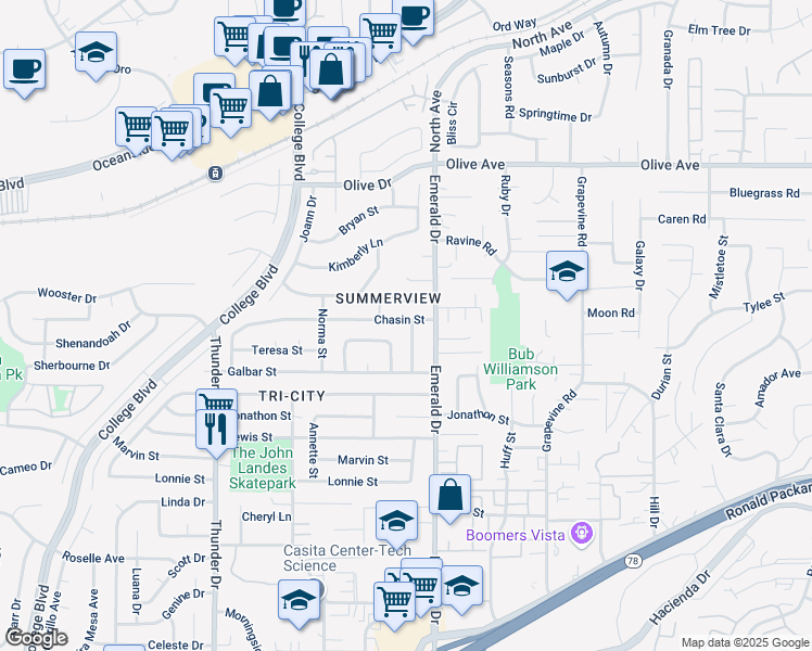 map of restaurants, bars, coffee shops, grocery stores, and more near 2701 Harriet Street in Oceanside