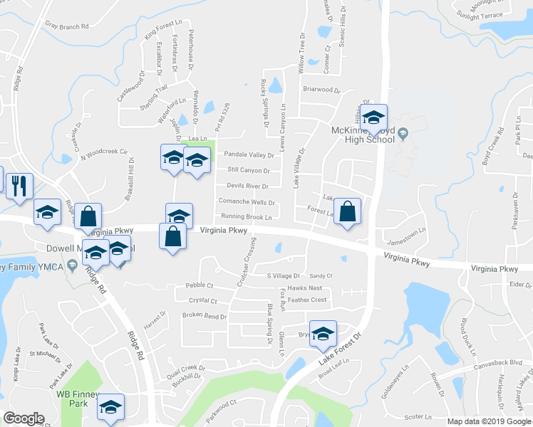 map of restaurants, bars, coffee shops, grocery stores, and more near 5312 Running Brook Lane in McKinney