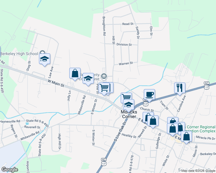 map of restaurants, bars, coffee shops, grocery stores, and more near 110 Broughton Road in Moncks Corner