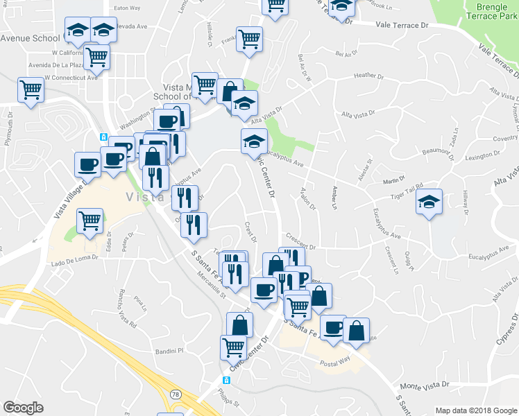 map of restaurants, bars, coffee shops, grocery stores, and more near 530 Morningside Drive in Vista