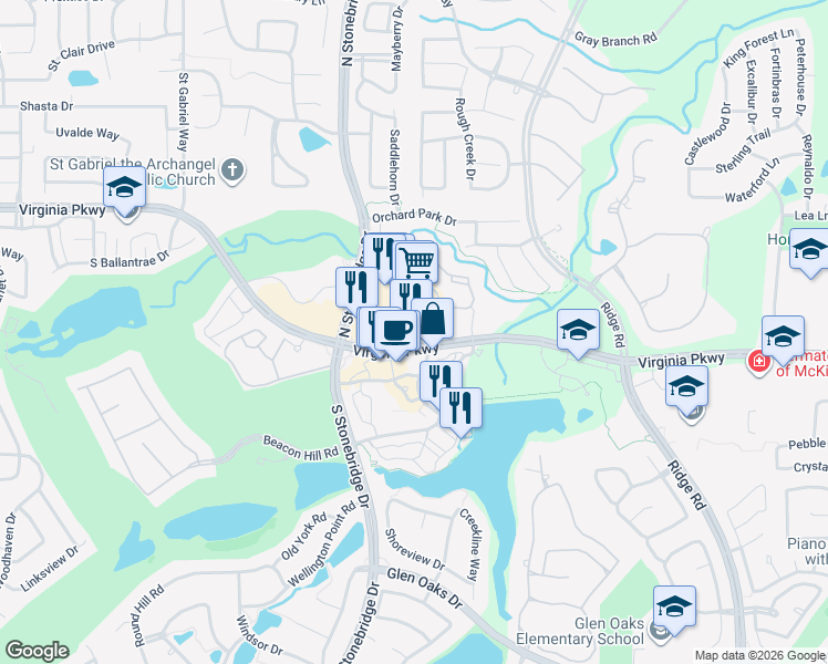 map of restaurants, bars, coffee shops, grocery stores, and more near 6750 Virginia Parkway in McKinney