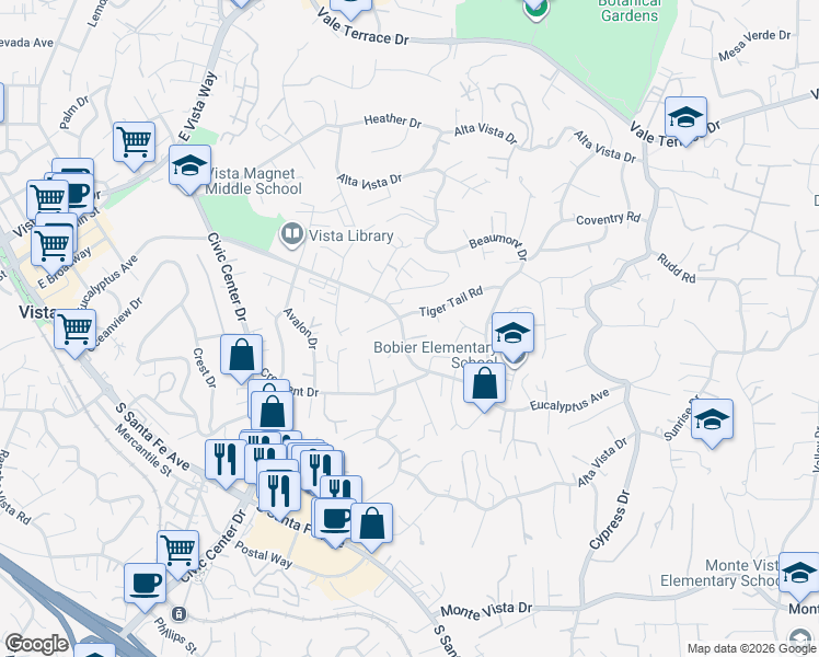 map of restaurants, bars, coffee shops, grocery stores, and more near 950 Eucalyptus Avenue in Vista
