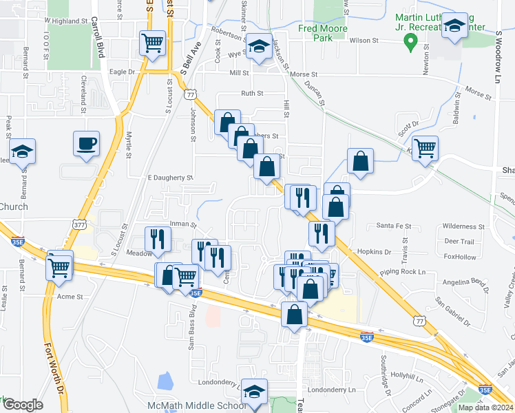 map of restaurants, bars, coffee shops, grocery stores, and more near 1451 Centre Place Drive in Denton