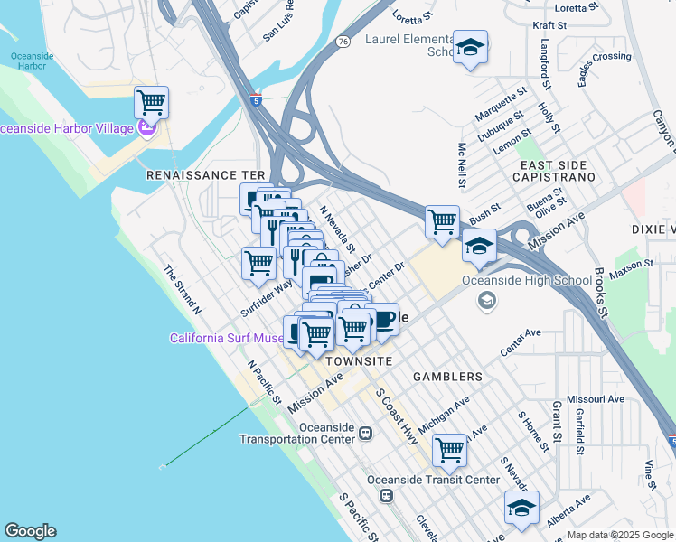 map of restaurants, bars, coffee shops, grocery stores, and more near 501 North Ditmar Street in Oceanside