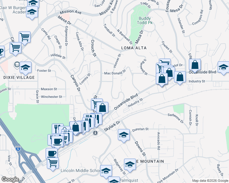 map of restaurants, bars, coffee shops, grocery stores, and more near 534 Hoover Street in Oceanside