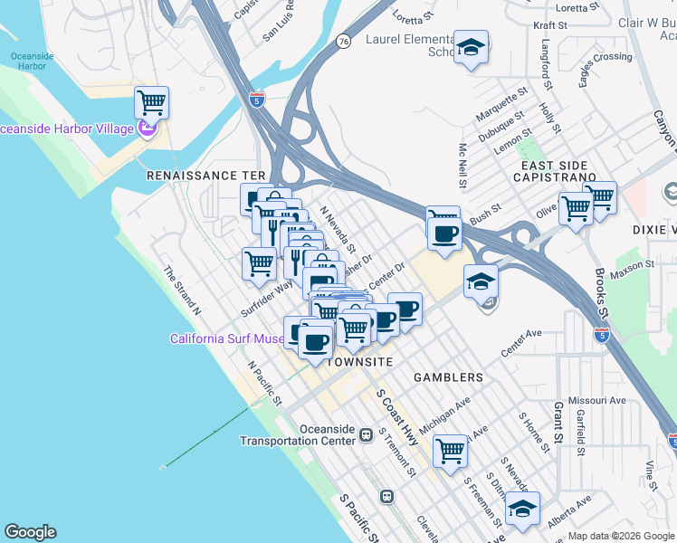 map of restaurants, bars, coffee shops, grocery stores, and more near 501 North Ditmar Street in Oceanside