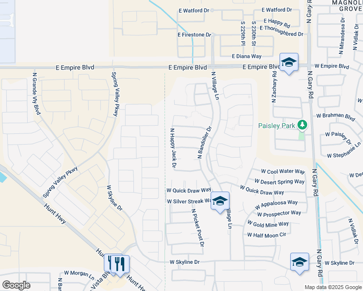 map of restaurants, bars, coffee shops, grocery stores, and more near 2590 West Cool Water Way in San Tan Valley