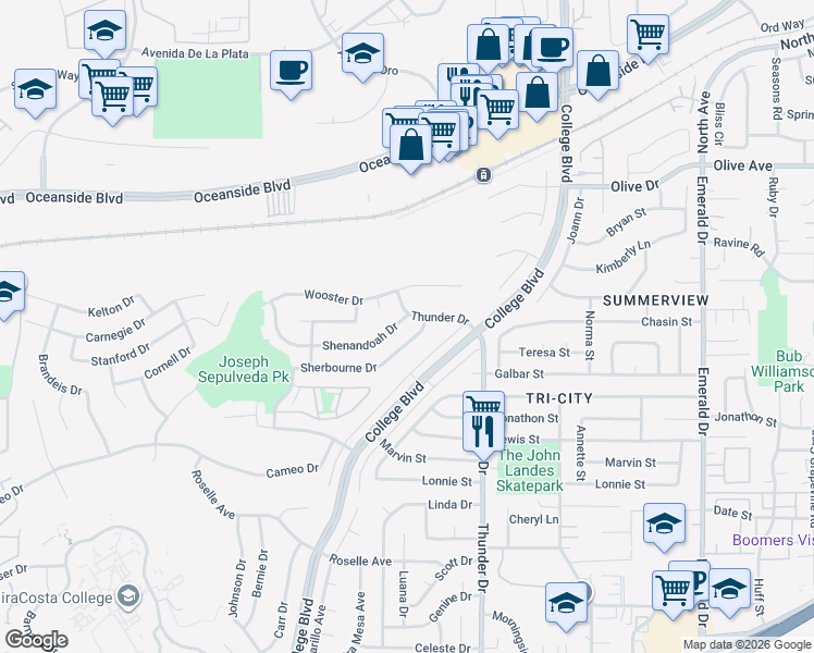 map of restaurants, bars, coffee shops, grocery stores, and more near 3991 Shenandoah Drive in Oceanside