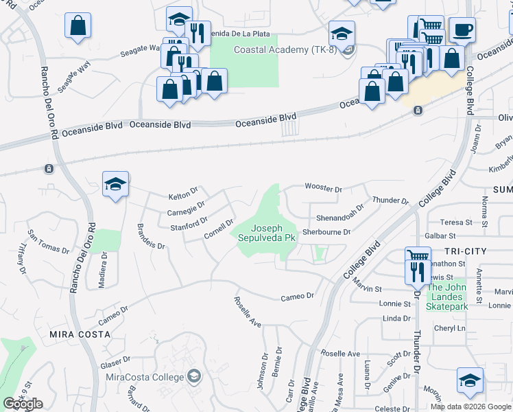 map of restaurants, bars, coffee shops, grocery stores, and more near 3923 Stanford Drive in Oceanside