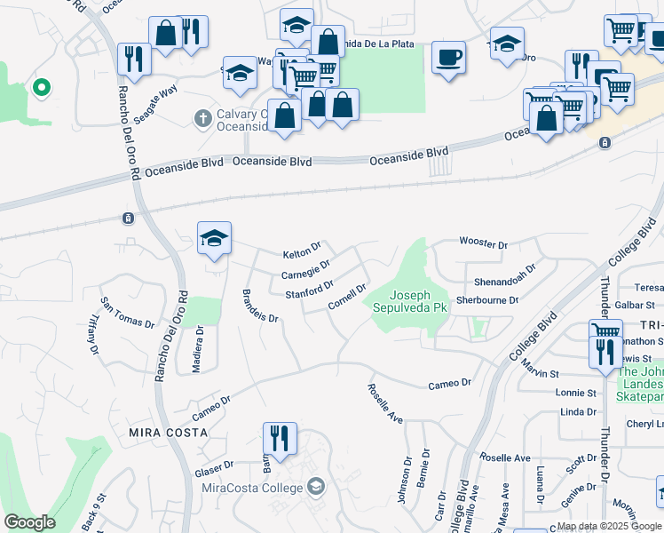 map of restaurants, bars, coffee shops, grocery stores, and more near 3829 Carnegie Drive in Oceanside