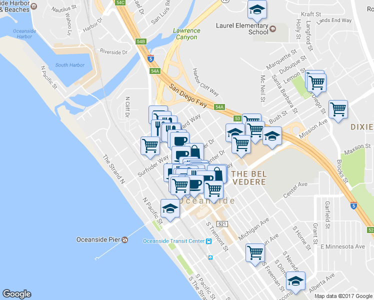 map of restaurants, bars, coffee shops, grocery stores, and more near 510 North Freeman Street in Oceanside