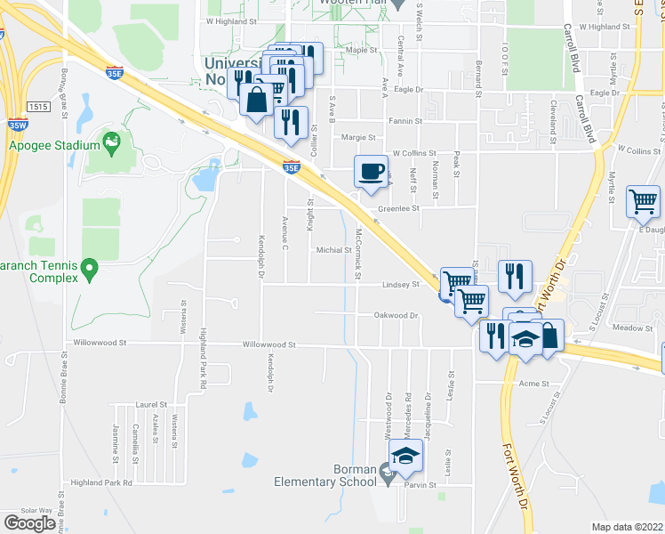 map of restaurants, bars, coffee shops, grocery stores, and more near 1525 Knight St in Denton