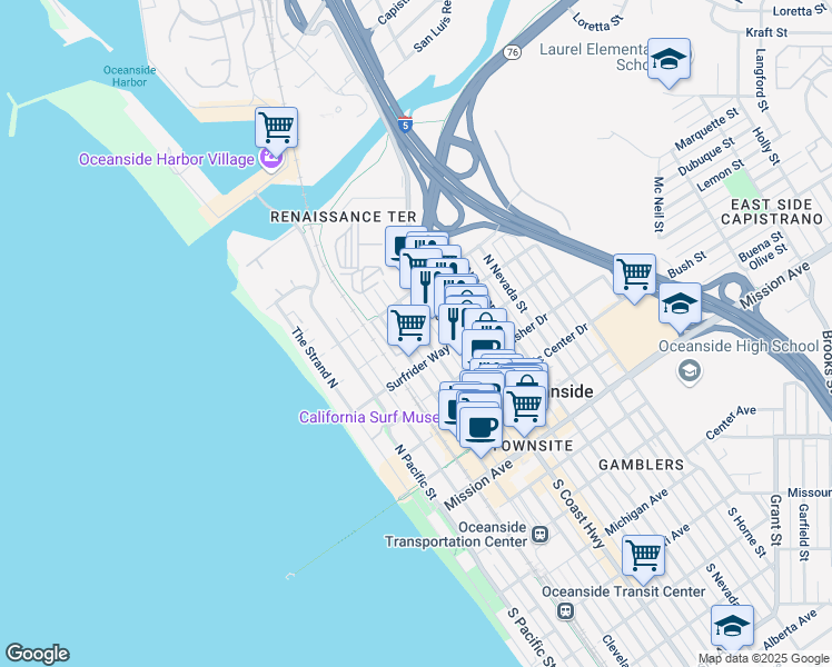 map of restaurants, bars, coffee shops, grocery stores, and more near 691 Windward Way in Oceanside