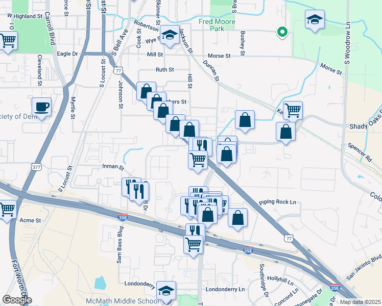 map of restaurants, bars, coffee shops, grocery stores, and more near 1002 Dallas Drive in Denton