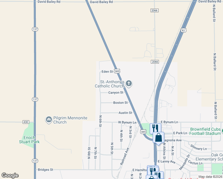 map of restaurants, bars, coffee shops, grocery stores, and more near 505 Canyon Street in Brownfield