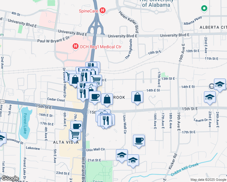 map of restaurants, bars, coffee shops, grocery stores, and more near 1410 Southern Gardens Drive in Tuscaloosa