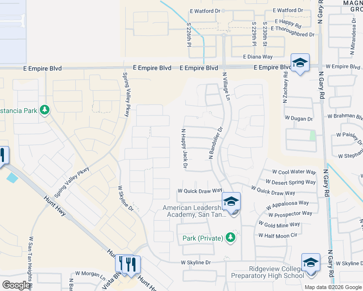 map of restaurants, bars, coffee shops, grocery stores, and more near 35266 North Happy Jack Drive in Queen Creek
