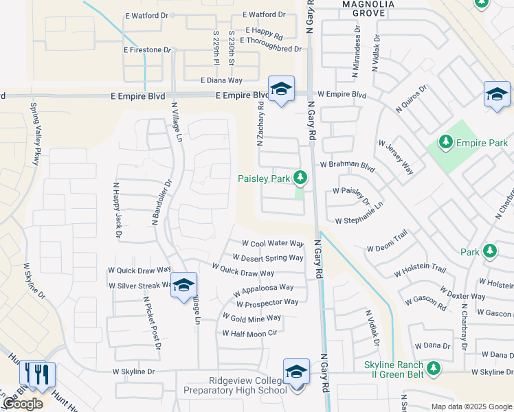 map of restaurants, bars, coffee shops, grocery stores, and more near 35260 North Zachary Road in Queen Creek