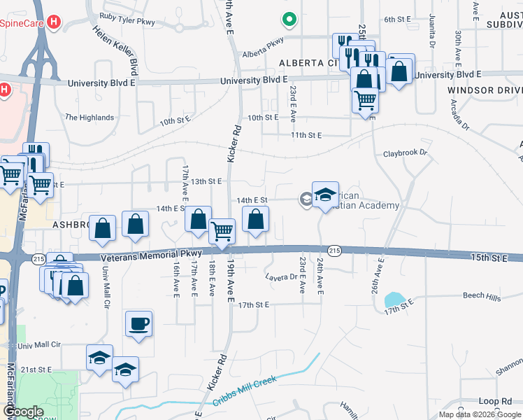 map of restaurants, bars, coffee shops, grocery stores, and more near 1407 20th Avenue East in Tuscaloosa
